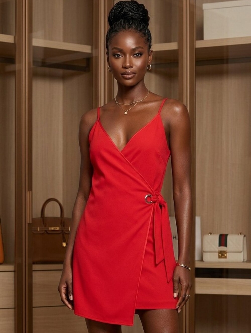-THML Red Wrap Mini Dress with Side Tie 55% Linen ♥️